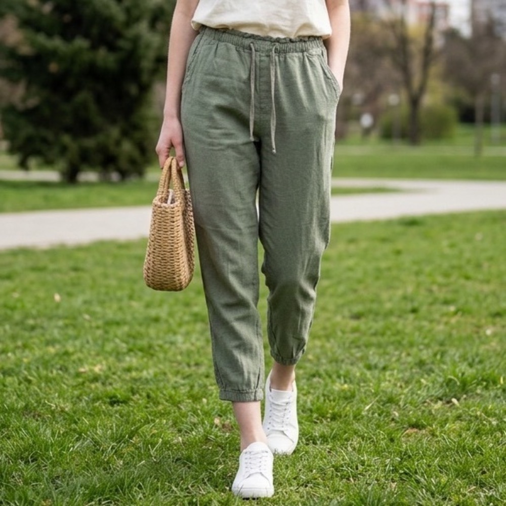 Social Standard Sanctuary Linen Blend Joggers Green Paperbag Waist Pants